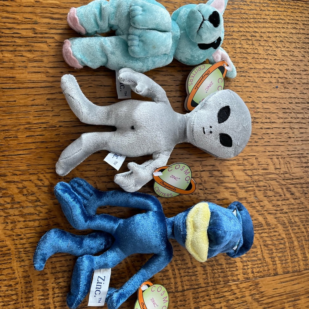 1998 Zinc Cosmic Critters Plush Toy Set - lot of 3. Blue, Gray, Green